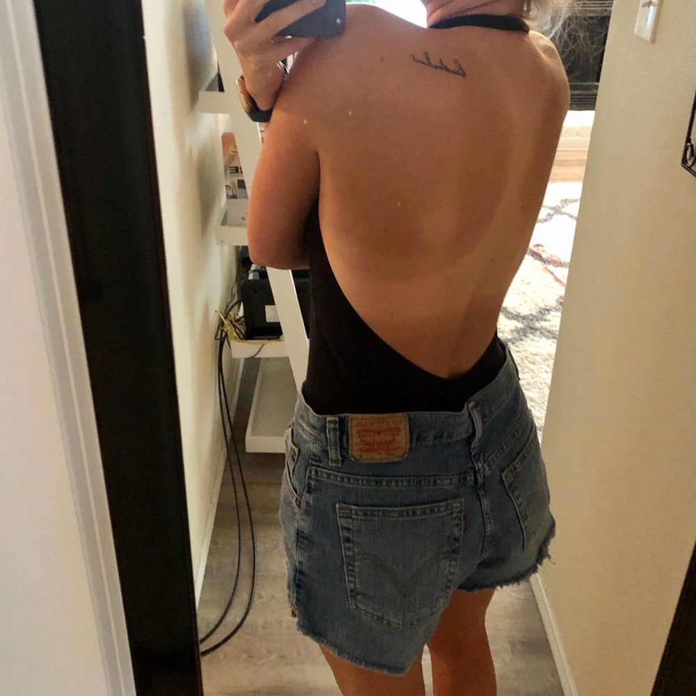 Open back plunging neck halter bodysuit